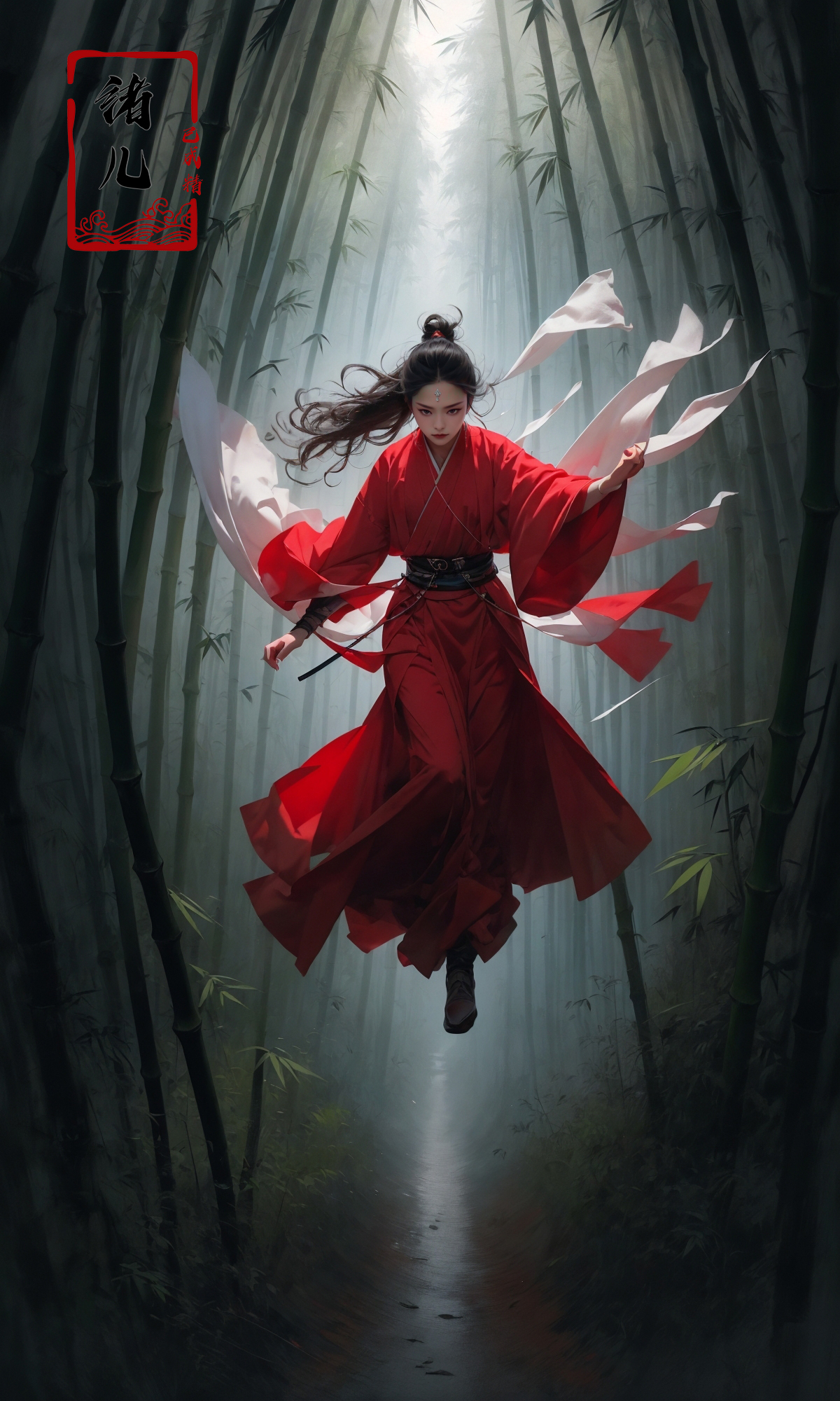 606247209521969075-1215818815-To shoot from above.  ，art by Zao Wou-ki，extreme close - up, focus on face, A woman in red Hanfu, wearing a white transparent ve.jpg